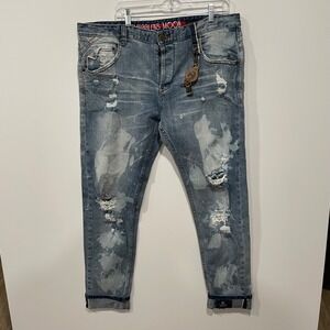Smugglers Moon Mens‎ Distressed Bleach Ripped Jeans W40 L34 Skull Denim Selvedge